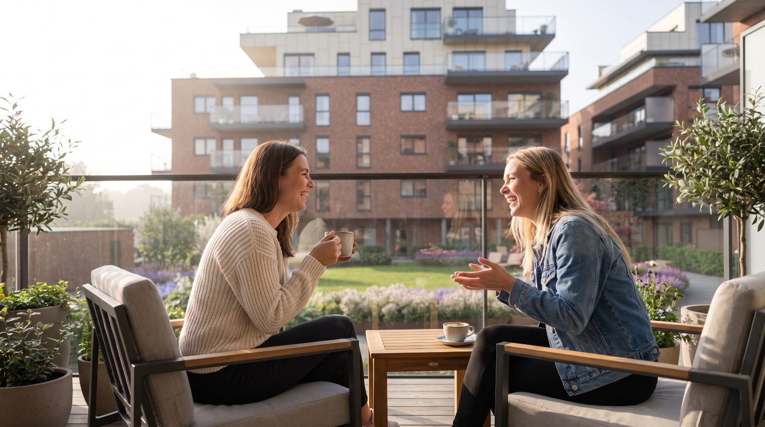 Morgenkaffe på terrassen i et nytt boligprosjekt